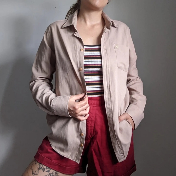 Sturdy cotton button front shirt in camel - Picture 1 of 5